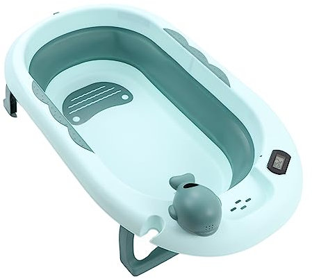 VGEBY 1PC Baby-Badewanne mit Temperaturmessung, Faltbar, Dick, Sitzend, Liegend, Badeeimer mit Abflussloch (Hellgrün