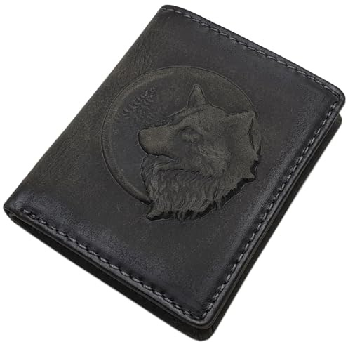 Kleine Echt Büffel-Vollleder Geldbörse/Geldbeutel/Portemonnaie/Geldtasche in Hochformat mit 3D Prägung und RFID & NFC Schutz (3D Wolf Prägung/Vintage-Grau)