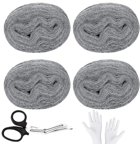 4 Rolls Steel Wool for Mice Control, 0000 Coarse Wire Wool with Work Gloves & Scissors - Rodent Proof Gap Blocker Kit, DIY Fabric Fill to Stop Rats, Mice, Insects & Pests, Easy to Use Home Protection