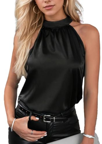 EMOTTOS Womens Satin Vest Tops, Pleated Strapless Halter Neck Vests for Ladies, Off Shoulder Sleeveless Vest Women Basic Casual Tank Top, Black, M