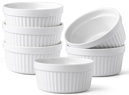 SumitlEyao 8 OZ Ramekins Oven Safe, Ceramic Ramekin Bowls, Creme Brulee Ramekins with Embossed Strips, Stackable Ceramic Dishes Bowls, for Baking, Pudding, Serving Dip, Ice Cream, Dishwasher