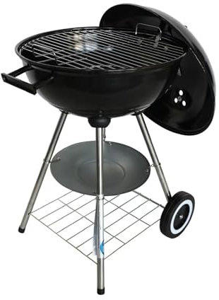 BBQ Barbecue à Charbon de Bois Rond 4 pieds (stable) avec couvercle, 76,5 x 51 x 44 cm, avec Couvercle (fumoir) et 2 Roulettes (portable), Noir, Acier Inoxidable, coupelle cendrier