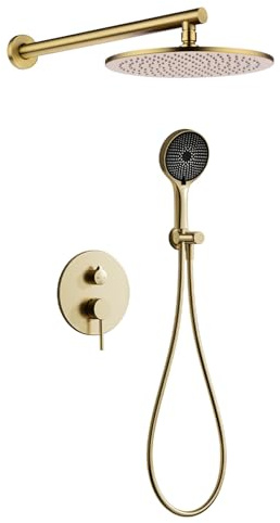 Columna de Ducha Empotrada, Sistema de Ducha Empotrado Conjunto, 2 Funciones Columna Ducha, Juego de Ducha con 30cm Cabezal de Ducha de Lluvia, Incluida Válvula Empotrada, Dorado Cepillado (30CM)
