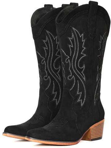 IUV Suede Cowboy Boots for Women Western Mid Calf Cowgirl Boots with Embroidered, Retro Snip Toe Fashion Boot With Chunky Block Heel Summer Fall Country Music Festival Cowboy Chic