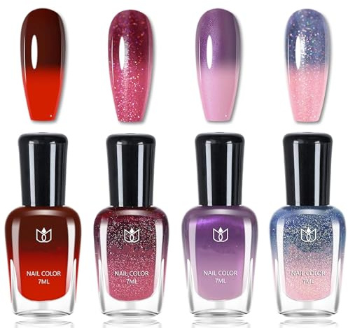 Color Changing Nail Polish Set, 4Pcs Temperature Glitter Nail Varnish Purple Red Pink, Quick Drying Rainbow Chameleon Colour Mood Nail Polish Long Lasting for Manicure DIY Nail Art Home
