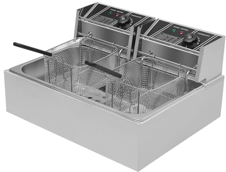Friggitrice doppia, friggitrice, in acciaio inox, con zona fredda, 12 l, tappetino antiscivolo e coperchio per arrostire per uso domestico e commerciale, durata: 0-5 min