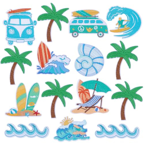 PH PandaHall 15 parches para planchar de surf, 10 estilos de olas de mar, para silla de playa, parches bordados para coser en sombreros, mochilas, ropa, jeans, chaquetas, gorras, ropa, manualidades