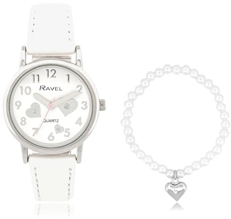 Ravel Little Gems Girls Watch and Expandeable Bead Bracelet Set with Heart Charm - Analogue Quartz - R2242 - White
