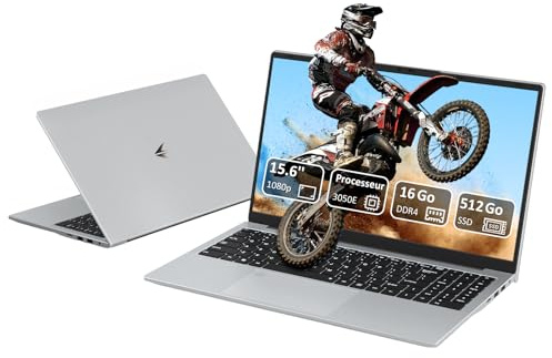 Pryloxen Ordinateur Portable 15,6 Full HD | PC Ultra-Fin | Processeur 3050e Dual Core | 16 Go RAM | SSD 512 Go Ultra-Rapide | Clavier Rétroéclairé | Idéal Bureautique/Études| Argenté