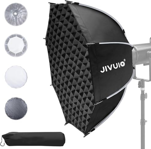 Jivuio Softbox octogonal de 60 cm, caja de luz Bowens de liberación rápida con rejilla de panal y difusores, modificador de luz parabólica profunda portátil para Godox Aputure Amaran COB Video Light