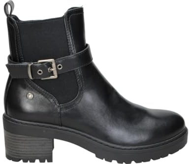 Skydiva Botines de Tacón Sleek para Mujer – Botín Casual Negro con Detalle de Hebilla – Botines con Cremallera Lateral – Tacón Medio y Cómodo – con Plataforma – 38 EU