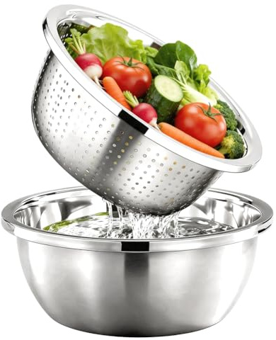 DASIAUTOEM Juego de colador y cuenco de acero inoxidable, diámetro de 22 cm, apilable de acero inoxidable, colador de pasta, colador de cocina para lavar pasta, frutas, verduras, lavavajillas