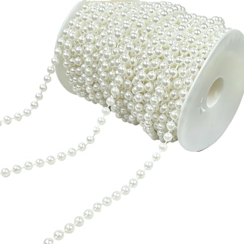 Faux Pearl Beads Garland Chain Ribbon for Jewelry Making, 1Pcs5m5mmWhite | Made from Sturdy Plastic, Easy Cut & No Scatter, Pearl Ribbon Works Well for Wedding Table Runners Party Backdrops