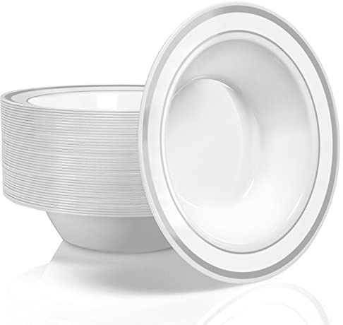 Stock Your Home Plastic Party Bowls (50 Pack) 12 Oz Elegant Disposable Dinnerware - Fancy Shatterproof Tableware for Catering, Holidays, Parties Supplies, Weddings, Catering, and Everyday Use (Silver)