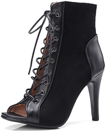 MIOKE Women's Peep Toe Dance Stilettos High Heels Sandals Fashion Sexy Lace Up Ladies Dress Pumps Ankle Booties Black 10 M US