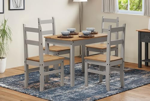 Corona Dining Table And 4 Chairs Set Grey Wax Budget Kitchen Solid Wood Pine Wooden Painted Small Shabby Chic Mexican Style 76cm High 100cm Wide 65cm Deep