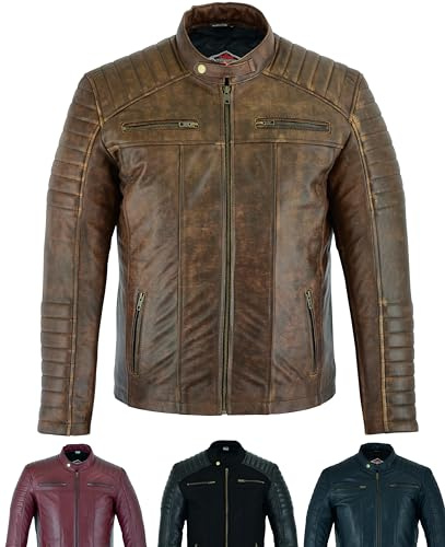 Texpeed Mens Casual Leather Jacket - Real Genuine Soft Touch Sheepskin Biker Motorcycle Style Leather Coat Brown - L