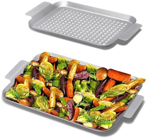 Grillkorb Set von 2 – Antihaftbeschichtete Grillschale, langlebige Grillpfannen mit Löchern für den Außenbereich, kleine und große Topperkörbe, Meeresfrüchte, 27.9 x 17.8 cm und 35.6 x 25.4 cm.