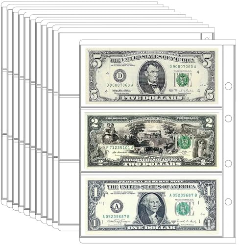 Ettonsun 10 Sheets 30 Pockets Paper Money Collection Pages,Currency Sleeves,Currency Holder Collection Supplies Album Pages for Travel Bill Banknote Stamp Paper Souvenirs Storage