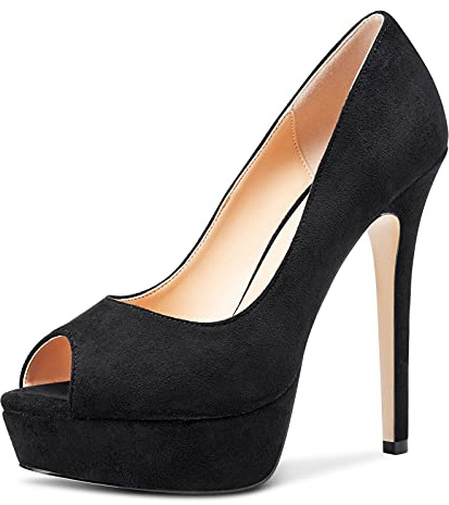 NobleOnly Femme Plateforme Bout Ouvert Doublure en Cuir Escarpins Aiguille Talons 13CM High Heels Noir Suède Chaussures EU36