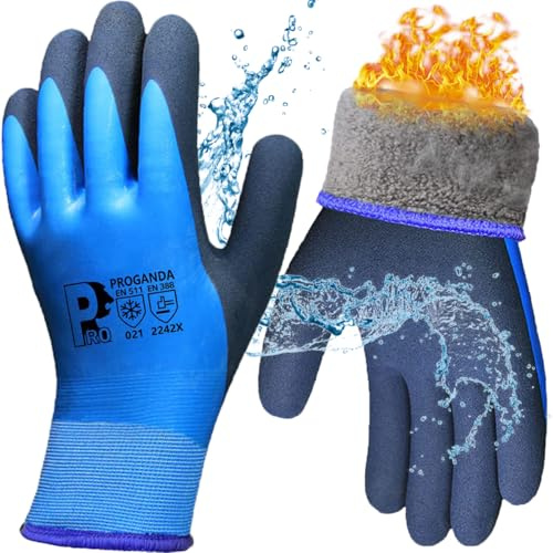 PROGANDA Waterproof Thermal Winter Work Gloves Fleece Liner Insulated Warm for Outdoor Cold Weather Car Washing Gardening Fishing Multipurpose (Blue -Grip Waterproof Thermal, S (Pack of 1))