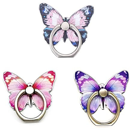 Support de Téléphone,Lot de 3 Anneaux de Support pour Téléphone Portable avec Motif Papillon Mignon en Métal Peint Rotation à 360° Anneau de Support pour Téléphone Portable Avec Boucle de Bouton