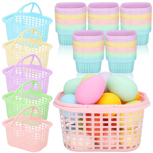 SiliFine 60 Pcs Pastel Plastic Easter Baskets Bulk Small Colorful Plastic Baskets with Handles Easter Gift Wrap Basket for Easter Party Egg Hunts Easter Eggs Party Favor