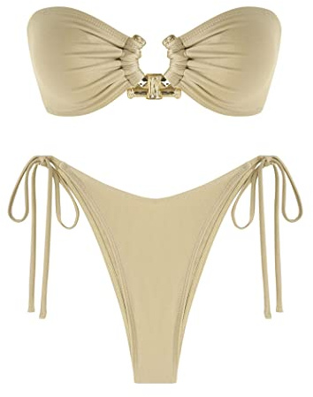 ZAFUL Maillot de bain 2 pièces avec bandeau à nouer sur les côtés et anneaux métalliques, Taille S