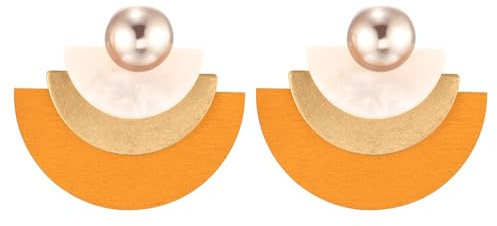 Art Déco, Moderne Géométrique Statement Boucles d'oreilles, Demi-cercle et Design Arc, Perle Bois Disque