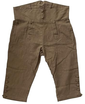 Mens Colonial Knee Linen Breeches 18th Century Pants Fall Front Style, Camel, Large
