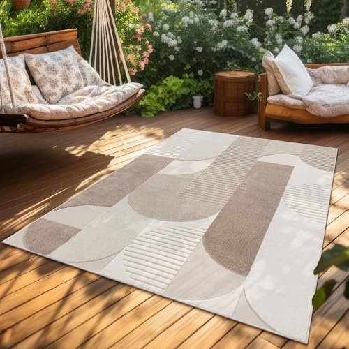 Paco Home Teppich In- & Outdoor, Moderne abstrakte Boho Designs mit 3D Struktur, robust & wetterfest, ideal für Terrasse Wohnzimmer & Küche, Grösse:120x160 cm, Farbe:Beige 2
