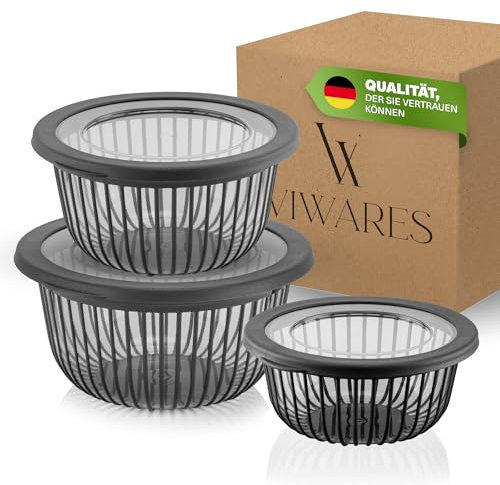 Viwares 3 Schüssel-Set mit Deckel stapelbar (6-teilig) - 1, 2, 3 L – BPA-frei– Für die Zubereitung von Teig und zum Servieren von Salaten, Brot, Gemüse, Rührschüssel Spülmaschinenfest, Anthrazit