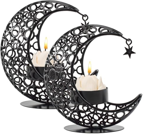 MrMrKura Moon Candle Holders Set of 2, Metal Tealight Candle Holder for Table Centerpiece Decorative Votive Candlesticks Holder for Party Home Decor (Black)