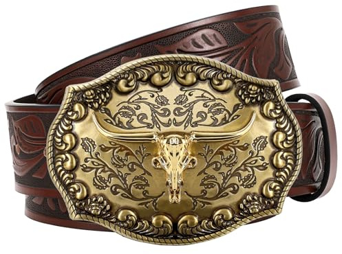 JasGood Ceinture de cowboy en cuir western pour homme et femme avec boucle Longhorn - Ceinture cow-girl gravée florale vintage unisexe pour jean, marron foncé, 110cm: Fit Taille Größe 87cm-96cm