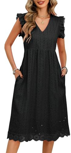 UMIPUBO Womens Summer Dress V Neck Ruffle Sleeve Midi Dress with Pockets Zippers Ladies Cotton Beach Boho Sundress Casual Travel Holiday (Black, L)