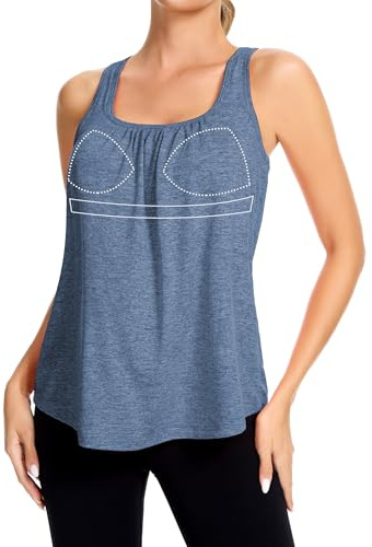 SLIMBELLE Mesh Racer Back Tank Tops Womens Gym Yoga Athletic Workout Tops Round Neck Sleeveless Loose Fit Cami with Built in Bra Blue XL