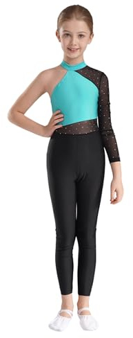Miaeowve Voltigieranzug Ganzkörper Kinder Mädchen Ein Schulter Ballettanzug Strass Glitzer Tanzbody Farbblock Patchwork Leotard Trikotanzug Blau Grün 146-152