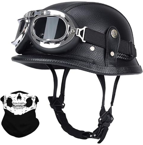 Leder Motorrad Halbhelme, Retro Halbschalenhelm, Jethelm Mit Schutzbrille, Vintage Motorradhelm, Retro Rollerhelm ECE/DOT Zertifiziert A,XXXL(63-65CM)