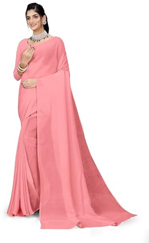 ETHNICMODE indien Sari For femme Plain Zari Chiffon Light Weight Party Wear Peach Saree With Unstitched Blouse Piece-1243