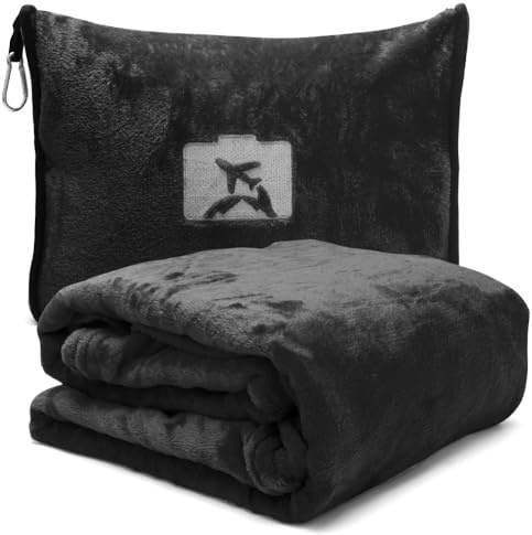 Manta de viaje 2 en 1 y almohada de viaje con cremallera, almohada multifuncional, suave y cálida, manta compacta para avión, coche, oficina, viajes, 127 x 152 cm, color negro