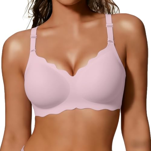 COCOMARTS Jelly Bras for Women No Underwire Scalloped Push Up Wireless Bralettes Seamless Soft Comfort Everyday Tshirt Bra Pink Large