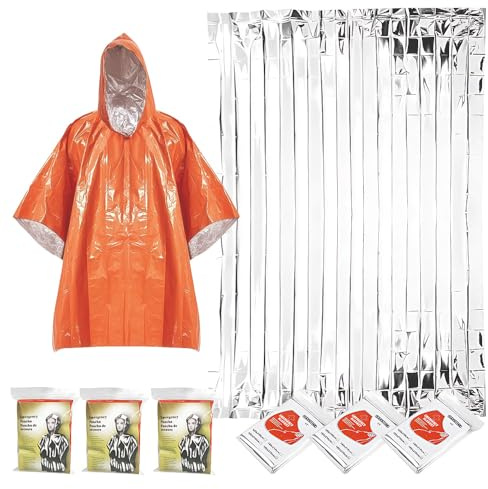 WYAN 4 Pack Emergency Survival Rain Poncho + 4 Pack Rescue Blanket Silver, Waterproof, Windproof, Portable Suitable for Family Camping Gear, Hiking, Outdoor Rescue, Car Emergency Kits