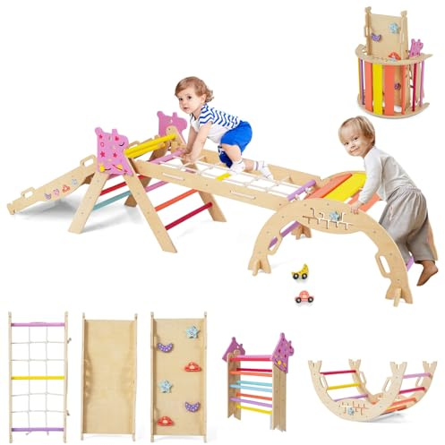 GYMAX Set Triangolare 8 in 1, Giocattoli da Arrampicata Pieghevoli per Bambini Piccoli, Set di Arrampicata Montessori in Legno con Arco, Rampa, Corda da Arrampicate e Scala (Colorato, Unicorno/8 in1)