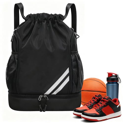 FDKene Sacca Sportiva con Coulisse, Compartimento Scarpe Separato e Tasca Bottiglia, Borsa con Cordino Palestra Impermeabile e Capiente per Uomini e Donne, Ideale per Calcio, Nuoto e Viaggi