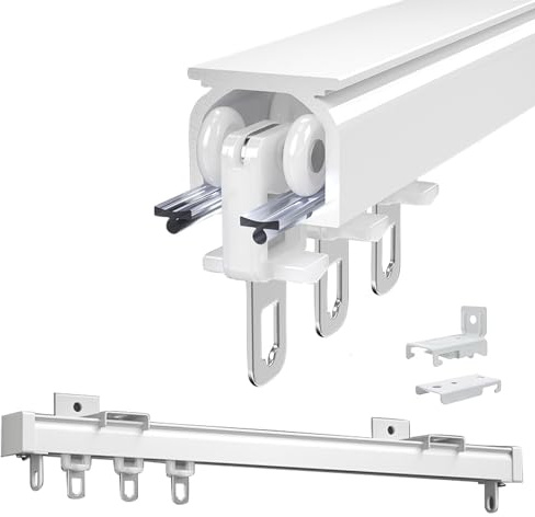 Sistema de riel de cortina de aluminio para montaje en techo para ventanas y separadores de habitaciones, instalación en pared o techo, incluye guías para un funcionamiento suave y un uso versátil