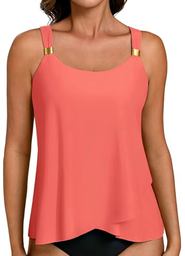 Hanna Nikole Tankini Top for Women, Adjustable Straps Blouson Swimsuit Top Only,Flowing Hem Bathing Suit Top,U Neck Swimming Costume Top with Pad (No Bottom)