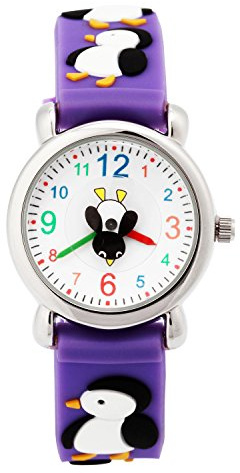 Jewtme Kids Time Teacher Watches 3D Cute Cartoon Silicone Children Toddler Wrist Watches for Ages 3-10 Boys Girls Little Child Penguin Purple