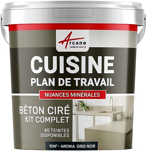 Béton ciré cuisine, plan de travail, crédence, évier, sol et mur, revêtement mural décoratif, kit complet - 10 m² (en 2 couches) Aronia Gris Noir - ARCANE INDUSTRIES