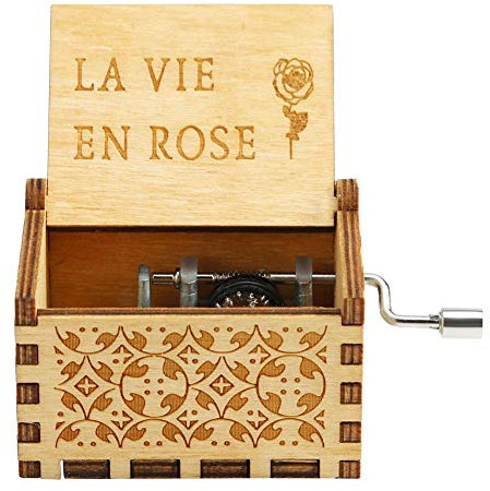 Spieluhr mit Handkurbel aus Antikholz, Musikbox, Dekoration für Geburtstag, Weihnachten (La Vie en Rose)