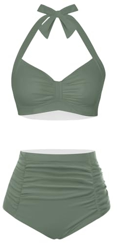 Holipick Women High Waisted Ruched Bikini Vintage Tummy Control Swimsuit Retro Two Piece Bathing Suits with Halter Top, Olive Green, X-Large